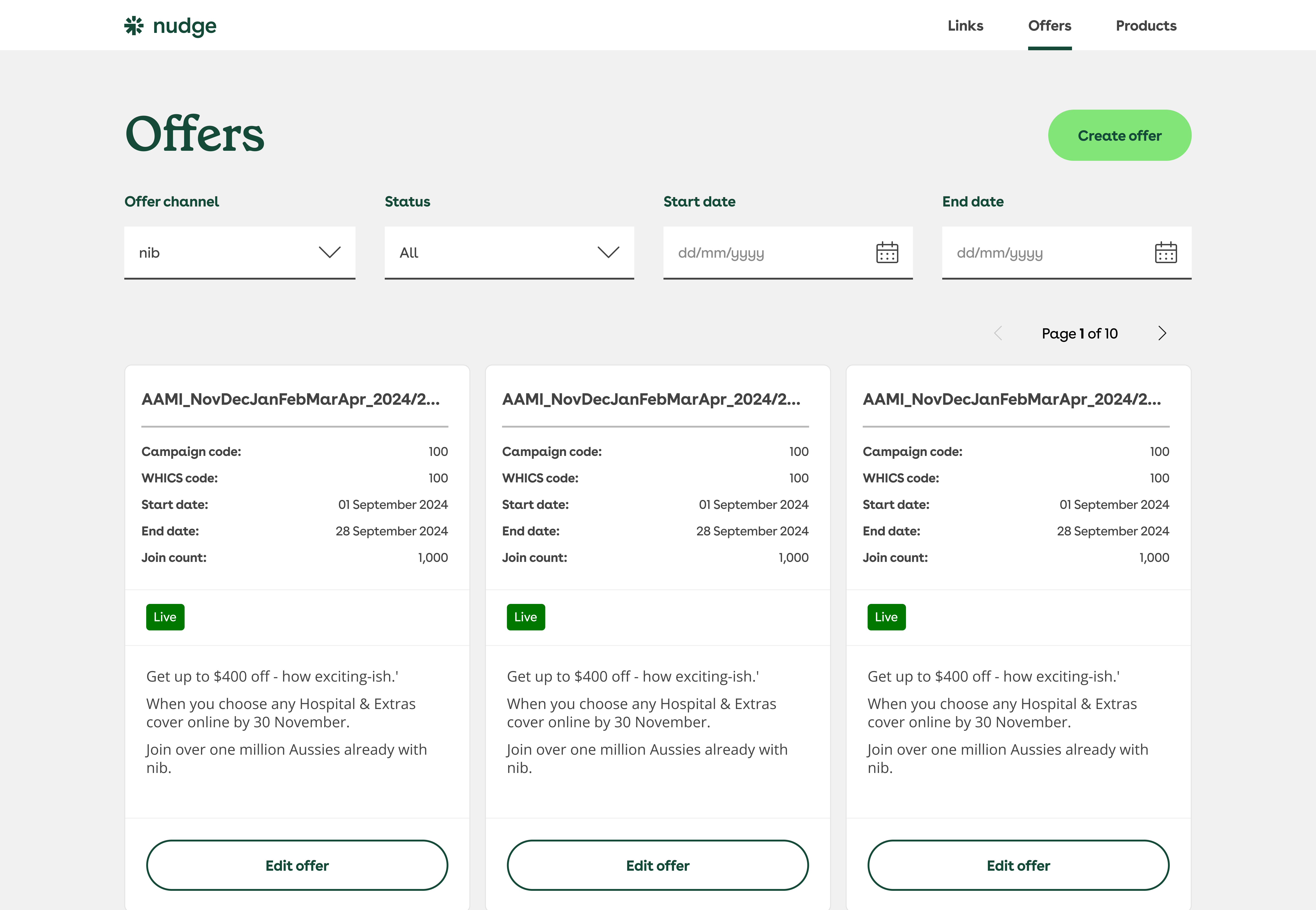 Offer management tool screenshot